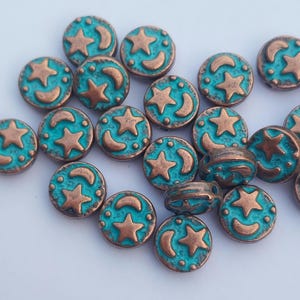 Antiqued Copper Moon and Star Beads, Blue Patina, 9mm