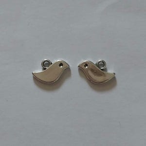 May include: Two small, silver-coloured metal bird charms, each featuring a smooth, rounded body and a single circular loop at the top for attachment. The charms are oriented in opposite directions, showcasing a simple, polished metallic finish.