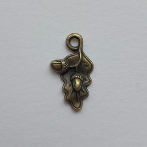 May include: A bronze-colored metal charm featuring an acorn and leaf design. The charm has a loop at the top for attaching to a necklace or bracelet. The acorn and leaf are detailed with textured surfaces.
