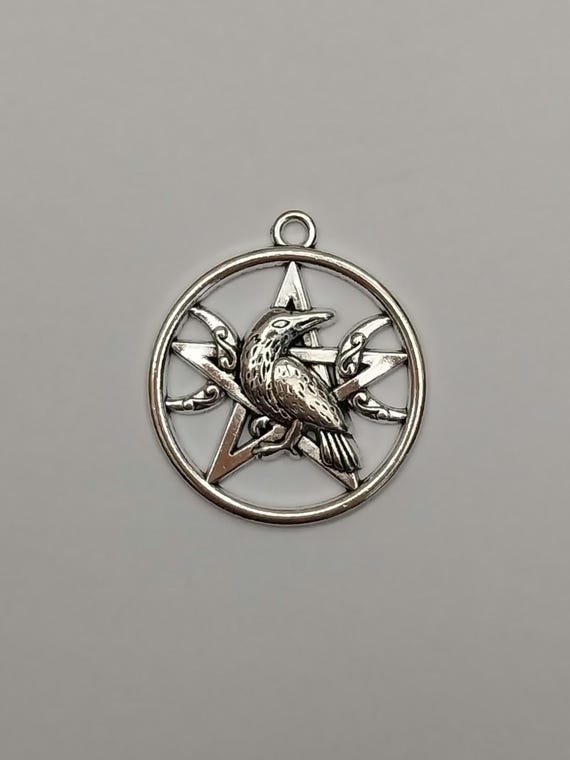 Antique Silver Crow Pentagram Pendants: Zinc Alloy Charms (33x29mm, 4 or 20 pc.)