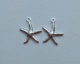 10 starfish charms, stainless steel, silver colour, 15.5 mm x 17.5 mm