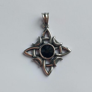 Witch Knot Moon Pendant, Stainless Steel, Black faceated Cabochon