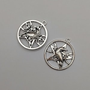 May include: Two silver-toned metal circular pendants, each featuring a five-pointed star design enclosed within a ring. A detailed raven figure is positioned in the center of each star, and each pendant includes a small loop at the top for attachment.