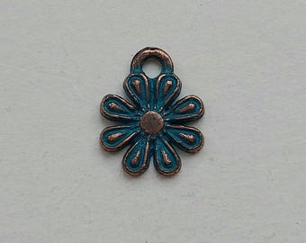 20 or 100 flower charms, antique copper tone with blue patina