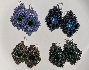 Handmade Mother of Pearl Drop Earrings, White and Purple Beaded Vintage Style Jewelry.