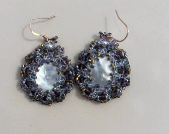Handmade Mother of Pearl Drop Earrings, White and Purple Beaded Vintage Style Jewelry.