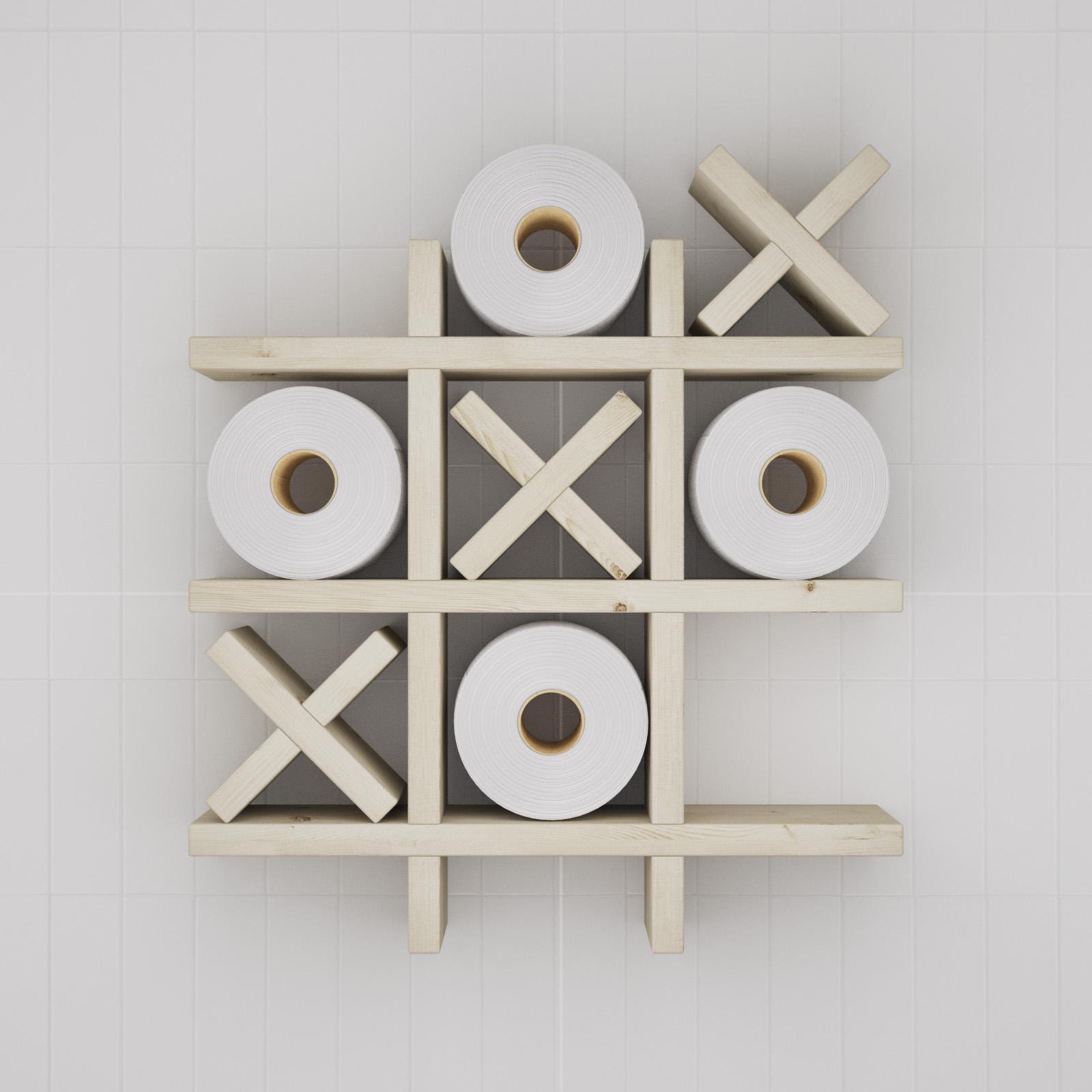 Tic Tac Toe Toilettenpapierhalter Aus Holz – Handgefertigt, Schwarz-weiß, Hält 9 Rollen, Wandmontage Oder Freistehend