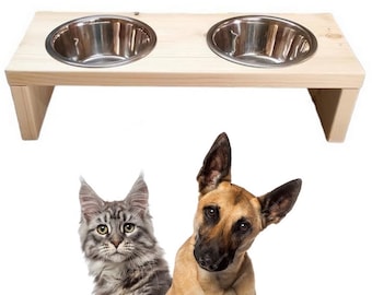 QLS Feeding Station Double Bowl Stand Made of Wood Dog Bowl Cat Bowl Dog Bar 2x0.9 L