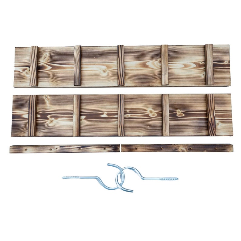 May include: A set of three wooden shelves with a rustic, burnt finish. The shelves are designed to be mounted on a wall and come with two metal hooks and screws for hanging items.