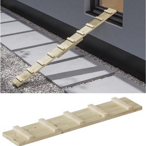 May include: A wooden pet ramp with six steps. The ramp is made of natural wood and is designed to help pets get in and out of high places.