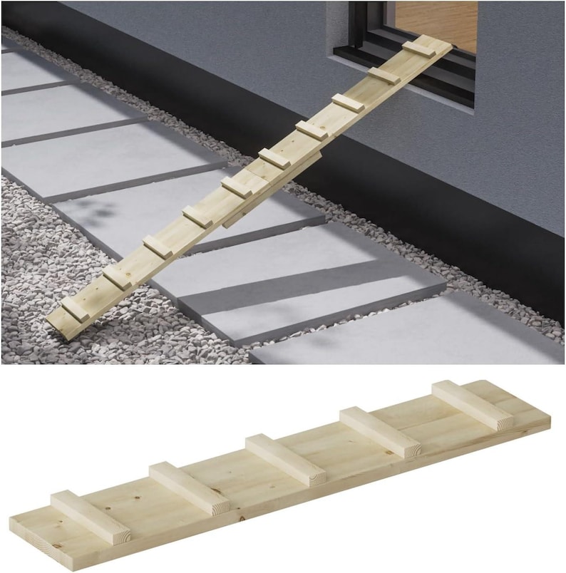 May include: A wooden pet ramp with six steps. The ramp is made of natural wood and is designed to help pets get in and out of high places.