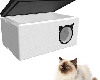 Cat house 58 x 38 cm weatherproof made of Styrofoam with curtain QLS cat nest cat bed sleeping place waterproof outdoor 11073