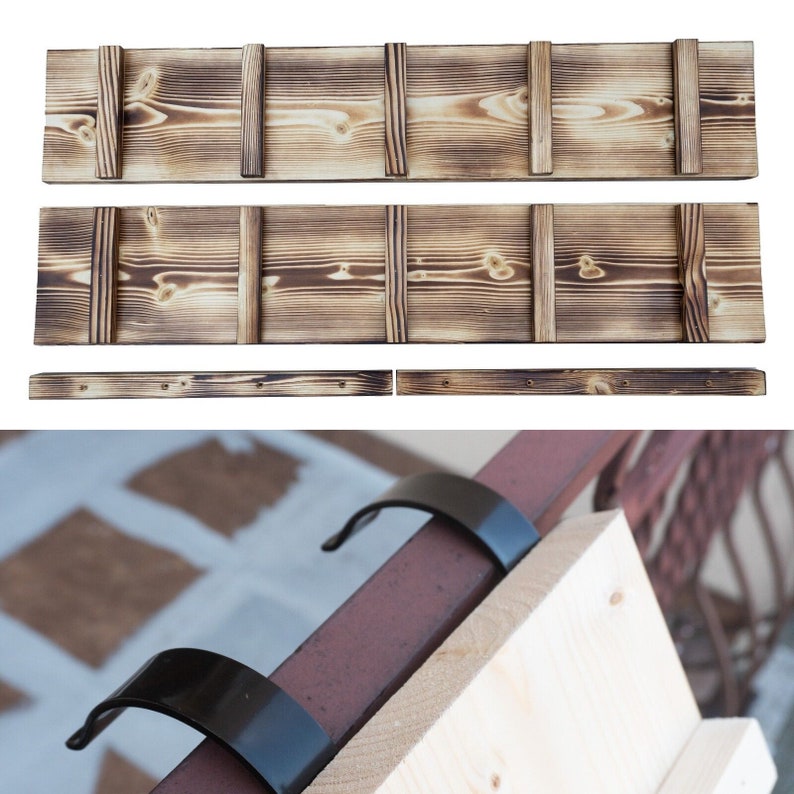 May include: Three wooden shelves with a burnt finish and metal brackets. The shelves are made of natural wood with a rustic look. The brackets are black metal and are attached to the wall.