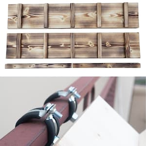 May include: Three wooden shelves with a rustic, burnt finish. The shelves are made of individual planks of wood and are designed to be mounted on a wall. The shelves are shown with metal brackets for mounting.