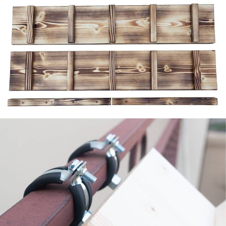 May include: Three wooden shelves with a rustic, burnt finish. The shelves are made of individual planks of wood and are designed to be mounted on a wall. The shelves are shown with metal brackets for mounting.