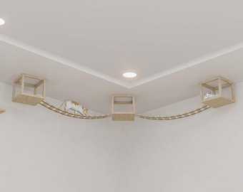 Cat climbing wall set with 2 bridges and 3 wooden loungers. Ceiling mounting. Adjustable wooden ceiling cat furniture.
