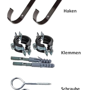 May include: Two black metal hooks, two black and silver clamps, two gray plastic anchors, and two silver screws with rings. The text "Haken", "Klemmen", and "Schraube" is visible in the image.