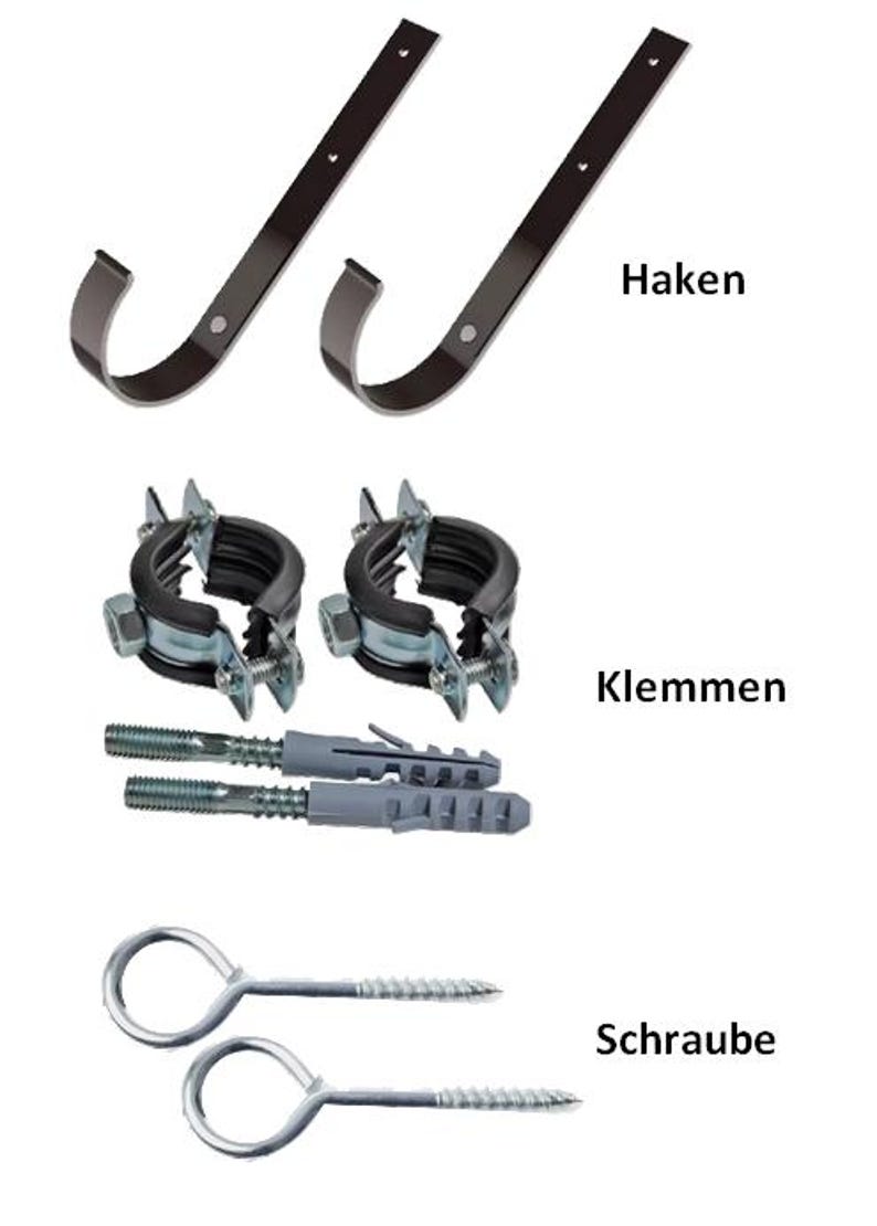 May include: Two black metal hooks, two black and silver clamps, two gray plastic anchors, and two silver screws with rings. The text "Haken", "Klemmen", and "Schraube" is visible in the image.