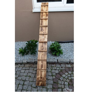 May include: A wooden ladder with a rustic brown finish. The ladder is made of individual planks of wood and has a total of 10 rungs.