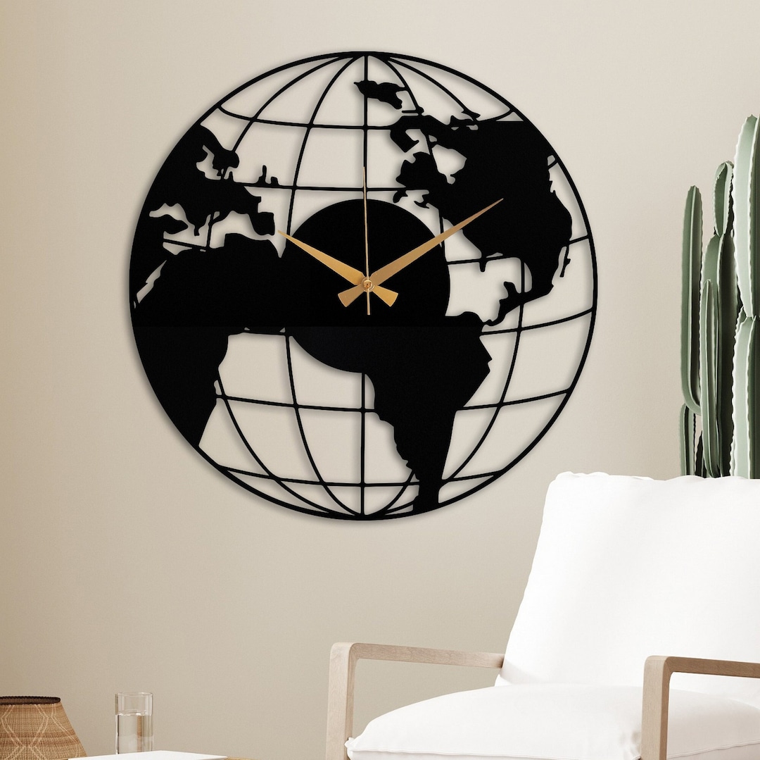 World Map Metal Large Wall Clock for Office Wall Decor Minimalist ...