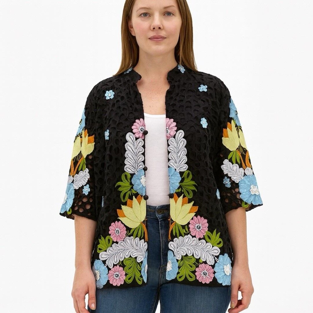 Colibri Jacket VTG Mexican Hand-embroidered Jacket XL Black Lace Floral Boho Festival ...