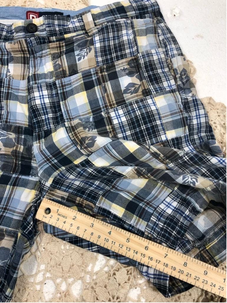 Men's Chaps Y2K Madras Blue Plaid Patchwork Shorts Size 32 Blue