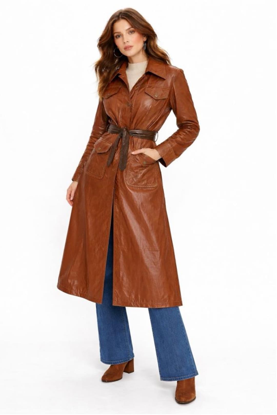 Vintage 1970s AMEREX Tannery Collection Brown Vinyl Trench Coat
