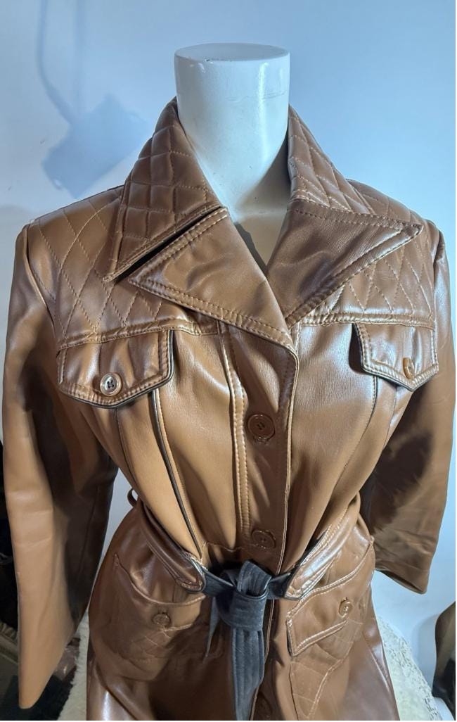 Vintage 1970s AMEREX Tannery Collection Brown Vinyl Trench Coat