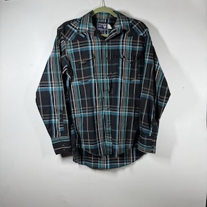 VTG Wrangler Blaues Hemd 15 X 34 Cowboy-Schnitt X lange Schwänze Perle Snap Western-USA