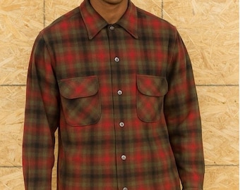 Vtg 50s Red Plaid Wool Loop Collar Pendleton Board Shirt Men L Rockabilly USA