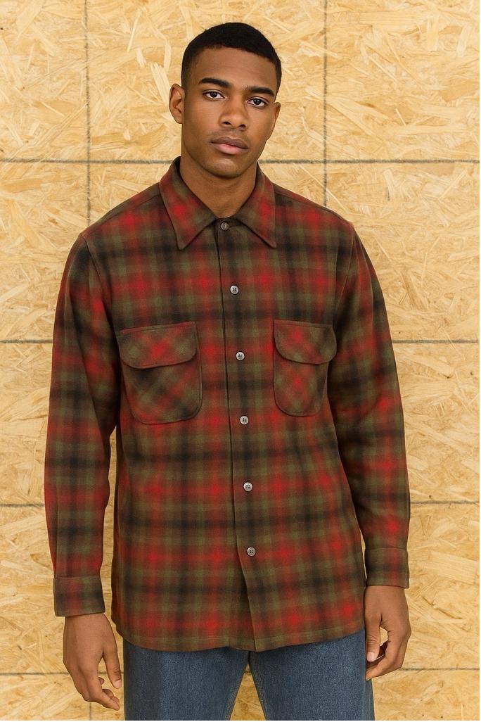 Vtg 50s Red Plaid Wool Loop Collar Pendleton Board Shirt Men L