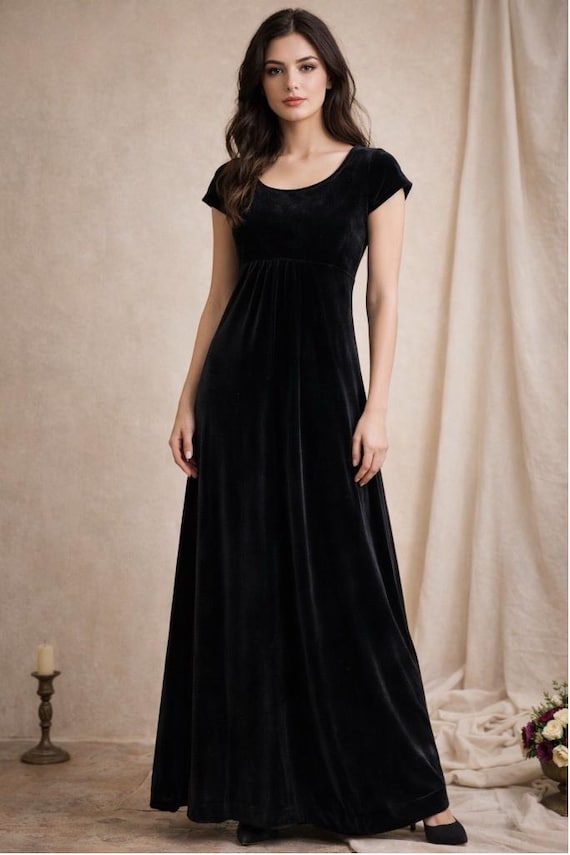black velvet empire waist dress Vintage Maxi Cap Sleeve Goth Formal M USA Party dress Adult Dress:S contentcode-10LI Most Creative Theme Night and polyamide provides both