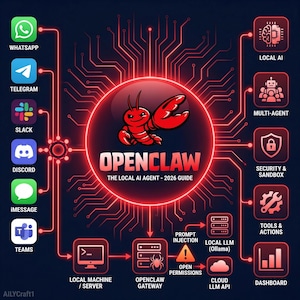 Peut inclure: Infographie numérique avec un fond sombre et des accents rouges. Au centre, un homard rouge avec le texte "OPENCLAW" et "THE LOCAL AI AGENT - 2026 GUIDE." Icônes d'applications de messagerie comme WhatsApp et Telegram à gauche, icônes liées à l'IA à droite.