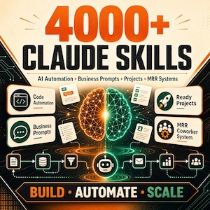 Può includere: Un grafico digitale intitolato 4000+ CLAUDE SKILLS che presenta un cervello centrale luminoso diviso in metà arancioni e verdi. Include etichette di testo per Code Automation, Business Prompts, Ready Projects e MRR Coworker System, con un banner in basso che recita BUILD AUTOMATE SCALE.