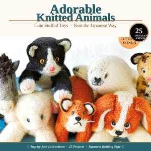 Puede incluir: Portada de libro con una colección de adorables animales de punto. El título es "Adorable Knitted Animals" con el subtítulo "Cute Stuffed Toys - Knit the Japanese Way". La imagen muestra un gato blanco y negro, una foca blanca y otras criaturas de punto coloridas.