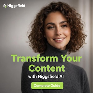 Puede incluir: Una mujer con cabello castaño rizado sonríe, vistiendo un cuello alto gris oscuro. La imagen presenta el texto "Transforma tu contenido con Higgsfield AI" y "Guía completa" sobre un fondo verde.