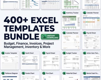 Paquete de más de 400 plantillas de Excel para presupuestos, finanzas, facturas, nóminas e inventario (descarga digital).