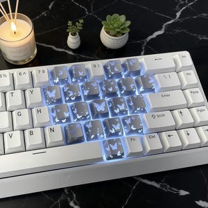May include: White mechanical keyboard with custom keycaps featuring a butterfly design. The keycaps have a gray background with white butterfly illustrations. The keyboard is lit with a blue backlight, and the overall aesthetic is clean and modern.