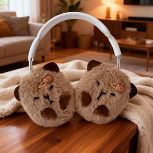 May include: Brown teddy bear ear muffs with a white headband. The ear covers have dark brown accents and small decorative hair clips. The ear muffs are resting on a cream-colored blanket on a wooden surface.