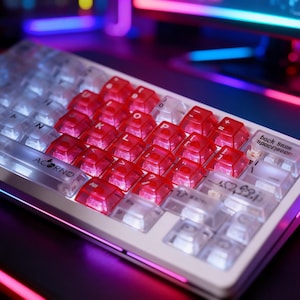 Może przedstawiać: Biała klawiatura mechaniczna z czerwonymi i przezroczystymi nakładkami na klawisze. Nakładki na klawisze są ułożone w siatkę, a czerwone klawisze tworzą kształt serca. Klawiatura ma tekst "ACORNO" po lewej stronie.