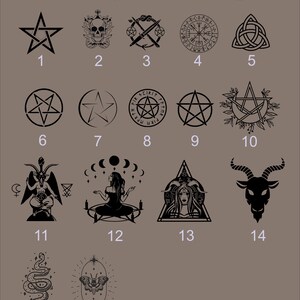 May include: A grid of 16 black and white images, each with a different design. The images are numbered 1 through 16. The images include a variety of symbols, including stars, pentagrams, skulls, swords, and a goat's head.