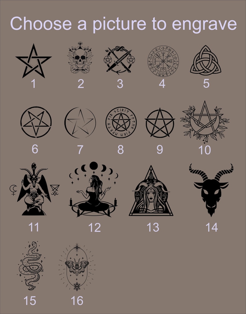 May include: A grid of 16 black and white images, each with a different design. The images are numbered 1 through 16. The images include a variety of symbols, including stars, pentagrams, skulls, swords, and a goat's head.