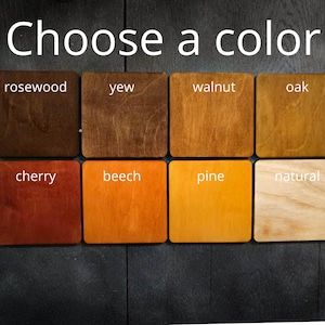 May include: A selection of wood stain colors for furniture, including rosewood, yew, walnut, oak, cherry, beech, pine, and natural.