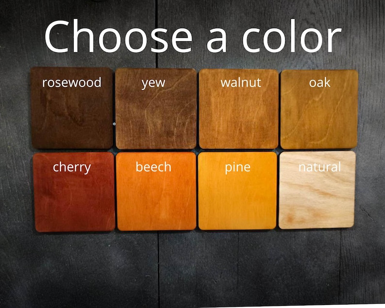 May include: A selection of wood stain colors for furniture, including rosewood, yew, walnut, oak, cherry, beech, pine, and natural.