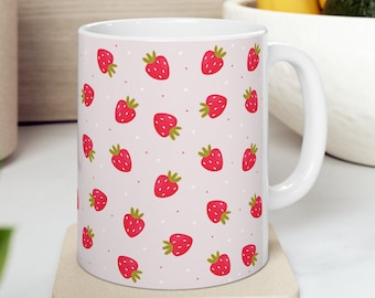 Jordgubbsmugg, Boho Jordgubbs Cottagecore Kaffemugg, Pastell Jordgubbstekopp, Pastell Cottagecore Mugg, Gåva för naturälskare, Söt mammapresent