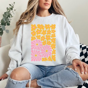 Boho Blumen-Sweatshirt, Unisex Wildblumen-Pullover, Frauen Floral Minimalist Pullover, Blumen-Druck-Sweatshirt Frau, übergroßes Blumen-Shirt
