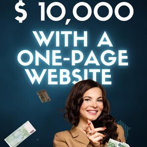 Könnte beinhalten: Buchcover mit dem Titel "HOW TO MAKE $10.000 WITH A ONE-PAGE WEBSITE". Eine Frau in einem braunen Blazer lächelt, hält Euro-Banknoten und zeigt darauf. Der Name des Autors, Manfred Freitag, steht unten. Euro-Noten fliegen.
