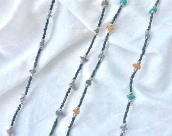 Gemstone Chip Bead Necklace – Handmade Boho Crystal Necklace – Amethyst, Carnelian, Malachite Style – Adjustable Unisex Jewelry