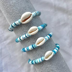 Heishi Stretch Shell Bracelet, Beachy Friendship Bracelets, Fun Summer Bracelet Stack, Beach Pearl Beaded Bracelet, Blue Heishi Bracelet