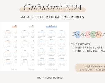 2024 calendar, printable calendar, digital download, A4, A5 and Letter size, Spanish version, productivity, digital organizer